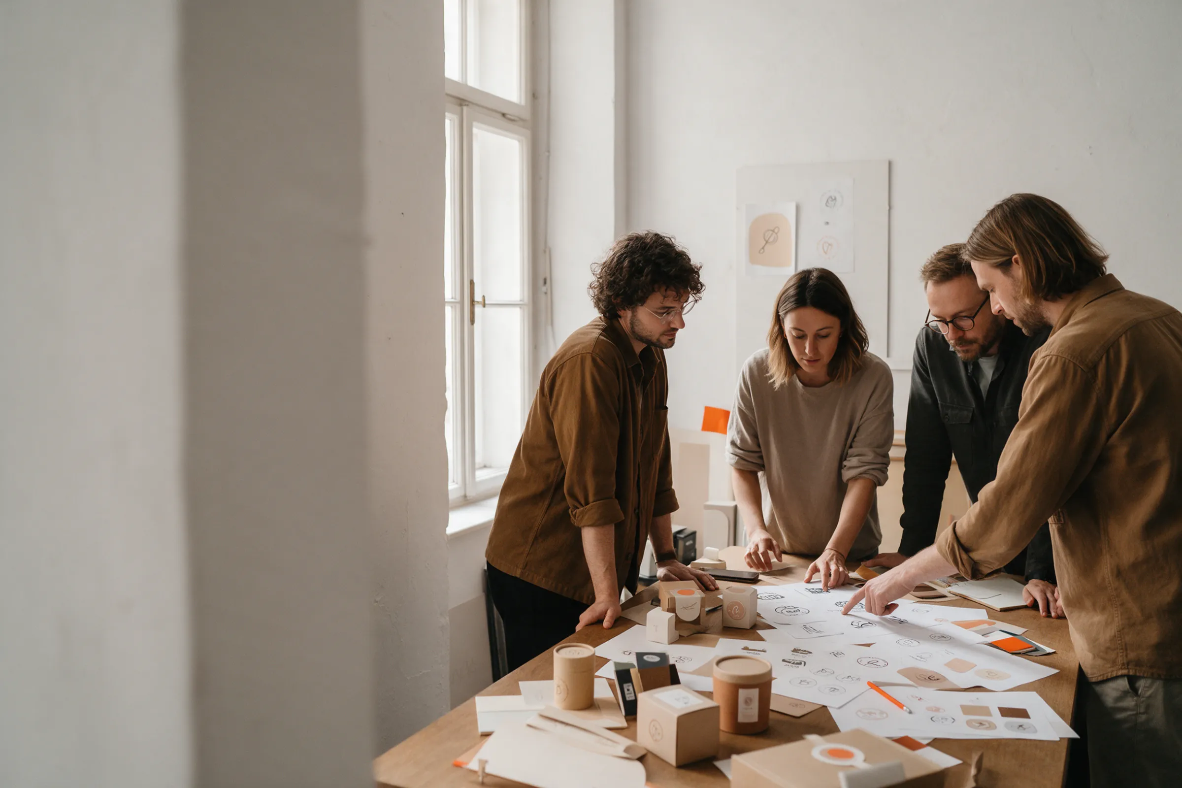 Das Team von Studio Formwerk bespricht Entwürfe an einem großen Tisch im Studio