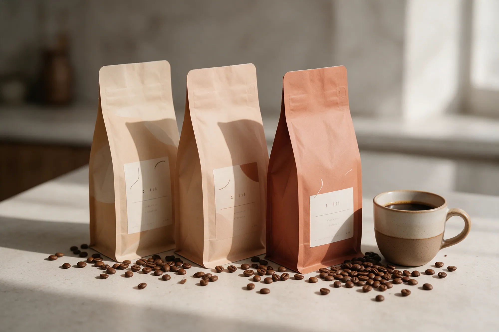 Drei Kaffeesäcke der Kaffeerei in Sand- und Terrakottatönen neben einer Tasse Kaffee