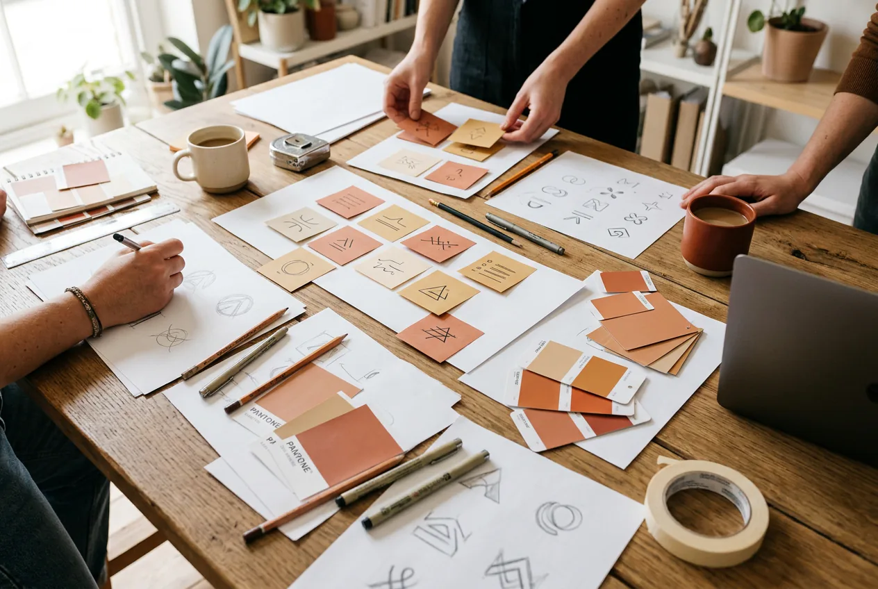 Workshop-Tisch von oben mit Farbmustern in Terrakotta und Sand, Logo-Skizzen und Haftnotizen.
